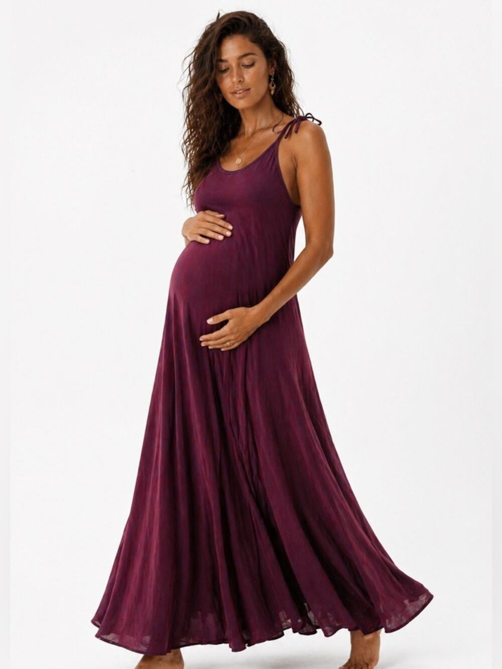 Organic Cotton Viscose Blend Burgundy Maxi Maternity Dress Adjustable Flowy M